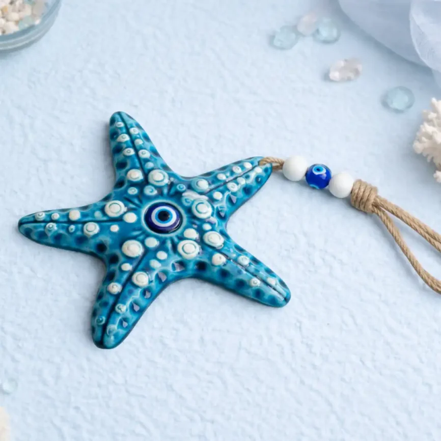Blue Evil Eye Ceramic Starfish Wall Art